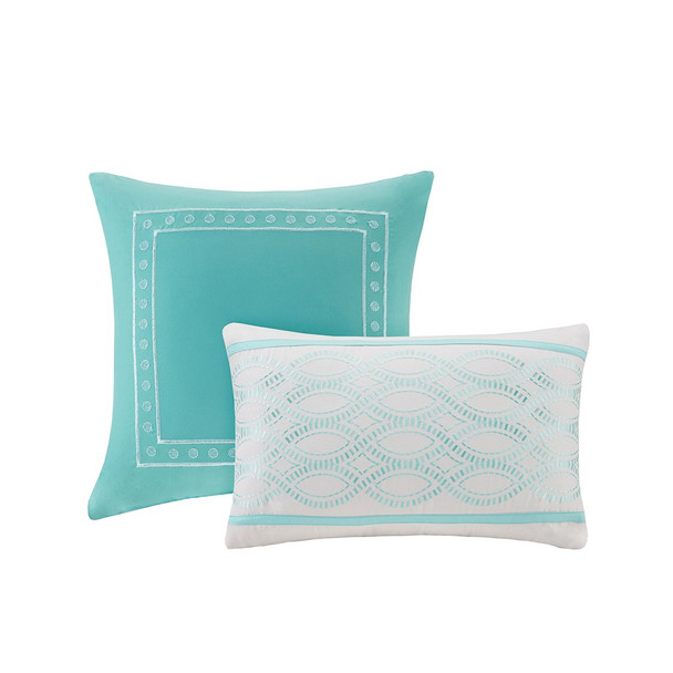 Aqua & Grey Damask Print Comforter Set AND Decorative Pillows (Senna-Aqua)