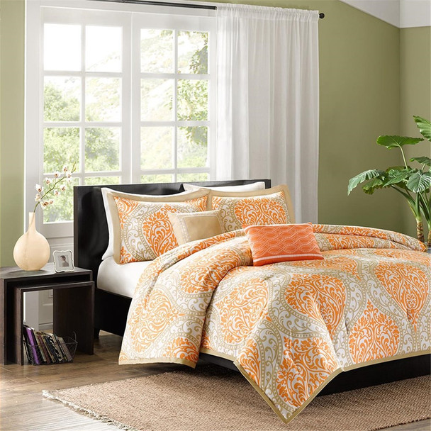 Orange & Taupe Damask Print Comforter Set AND Decorative Pillows (Senna-Orange)