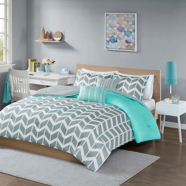 Grey Teal & White Chevron Reversible Comforter Set AND Decorative Pillows (Nadia-Teal)