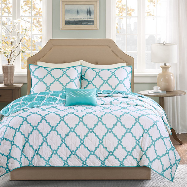 Aqua & White Reversible Fretwork Comforter Set AND Decorative Pillow (Merritt-Aqua-Cov)