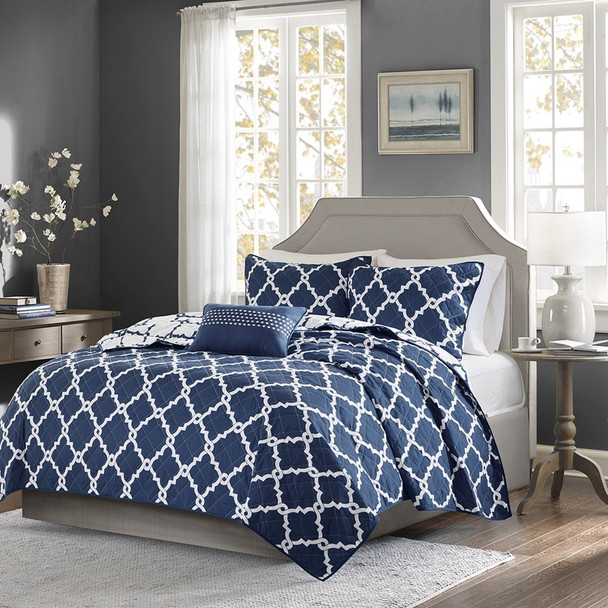 Navy Blue & White Reversible Fretwork Comforter Set AND Decorative Pillow (Merritt-Navy-Cov)