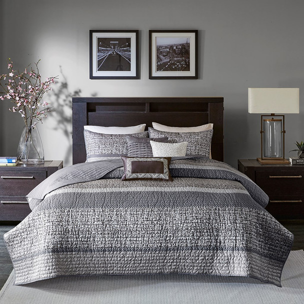 Shades of Grey & Brown Woven Stripes Coverlet Quilt Set AND Decorative Pillows (Rhapsody-Multi-cov)