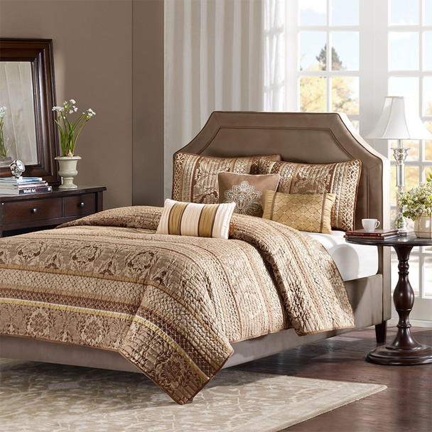 6pc Brown & Gold Jacquard Coverlet Quilt Set AND Decorative Pillows (Bellagio-Brown-cov)
