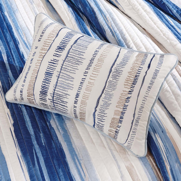 6pc Coastal Blue Stripes Coverlet Quilt Set AND Decorative Pillows (Marina-Blue-cov)