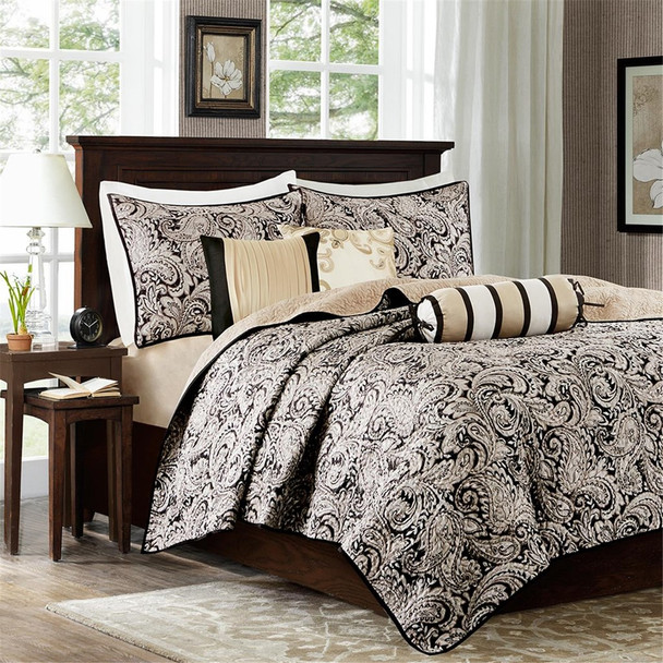 6pc Black & Gold Jacquard Weave Coverlet Quilt Set AND Decorative Pillows (Aubrey-Black-cov)