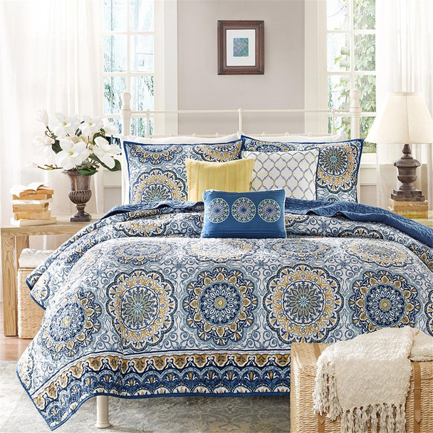 6pc Blue & Yellow Reversible Medallion Coverlet Quilt Set AND Decorative Pillows (Tangiers-Blue-cov)