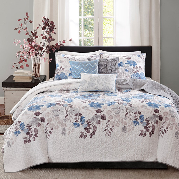 6pc Blue Grey & Ivory Floral Coverlet Quilt Set AND Decorative Pillows (Luna-Blue-cov)