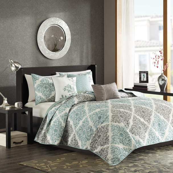 6pc Aqua & Grey Leaf Diamond Coverlet Quilt Set AND Decorative Pillows (Claire-Aqua-cov)