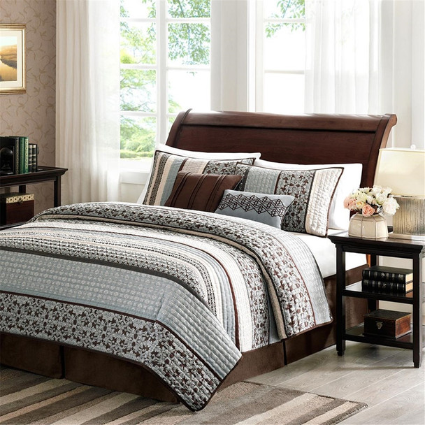 5pc Blue & Brown Geometric Stripes Coverlet Quilt Set AND Decorative Pillows (Princeton-Blue-cov)