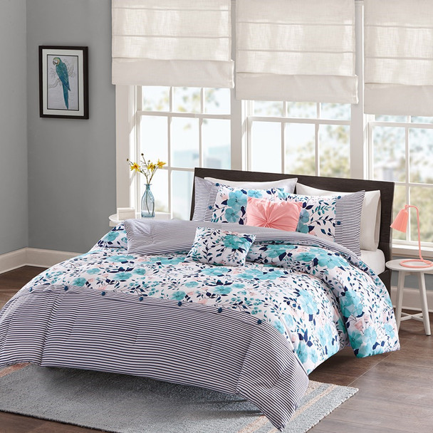 Blue White & Pink Stripes Floral Comforter Set AND Decorative Pillows (Delle-Blue)