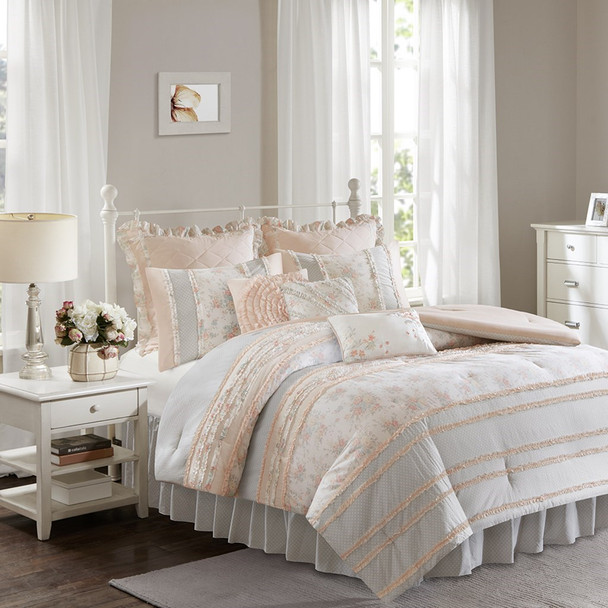 Soft Coral & Grey Floral Ruffled Comforter AND Decorative Pillows