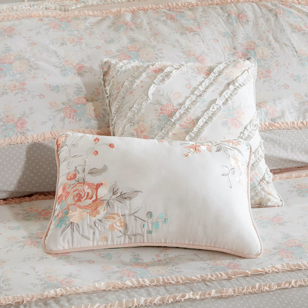 Soft Coral & Grey Floral Ruffled Comforter AND Decorative Pillows