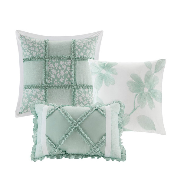 9pc Seafoam & White Floral Ruffled Comforter AND Decorative Pillows (Mindy-Seafoam)