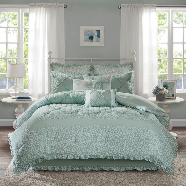 9pc Seafoam & White Floral Ruffled Comforter AND Decorative Pillows (Mindy-Seafoam)