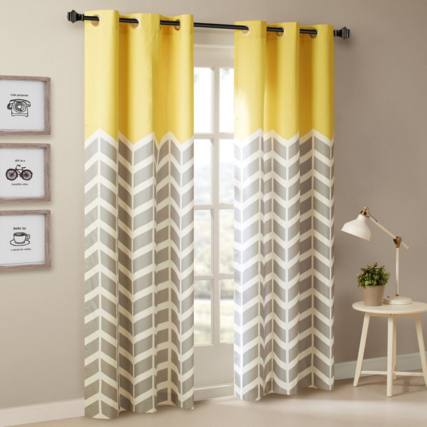 Yellow Grey & White Chevron Print Curtains Pair - Foam Back Lining & Grommet Top (Alex-Yellow-window)