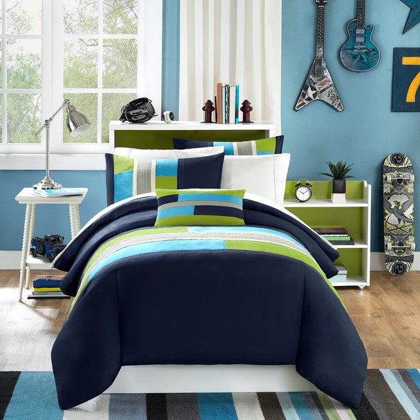 Blue & Green Colorblock Comforter Set AND Decorative Pillow (Pipeline-Navy)