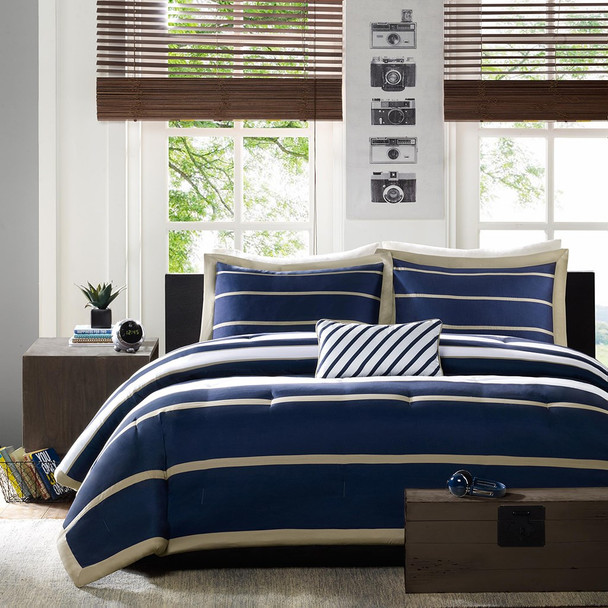 Navy Khaki & White Striped Comforter Set AND Decorative Pillow (Ashton-Navy)