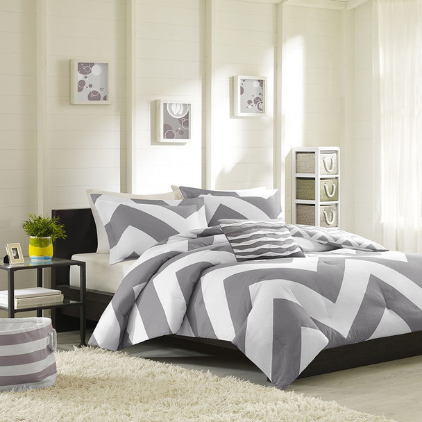 Grey & White Chevron Reversible Comforter Set  AND Decorative Pillow