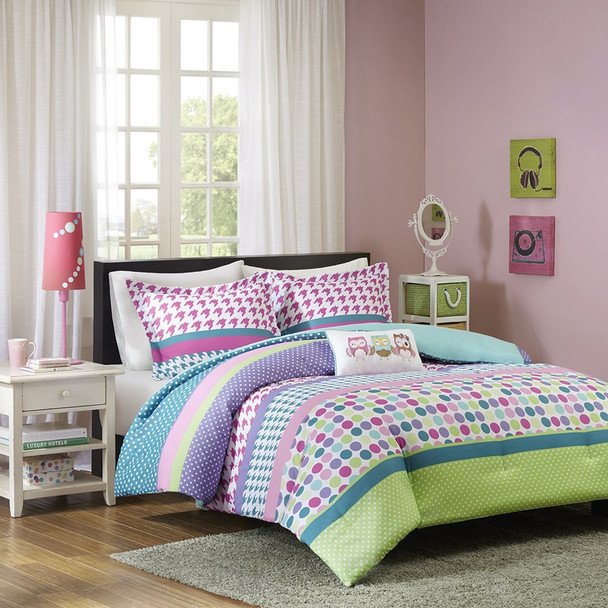 Bright Colors Polka Dots & Stripes Comforter Set AND Decorative Pillow (Katie-Aqua)