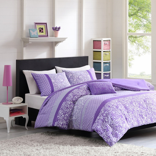Purple & White Polka Dots with Paisley Comforter Set AND Decorative Pillow (Riley-Purple-comf)