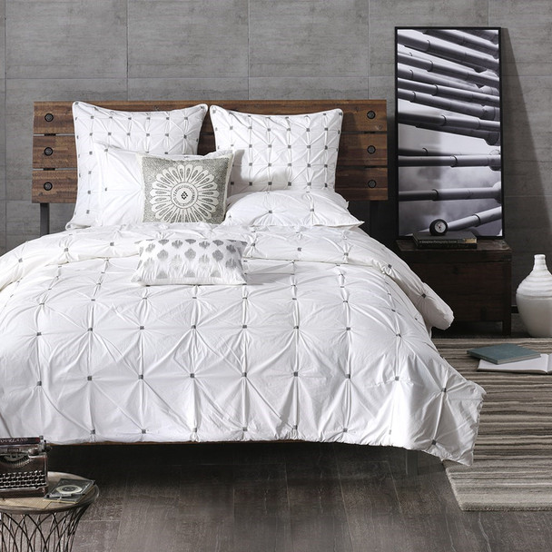 3pc White & Grey 200TC Cotton Comforter AND Decorative Shams (Masie-White)