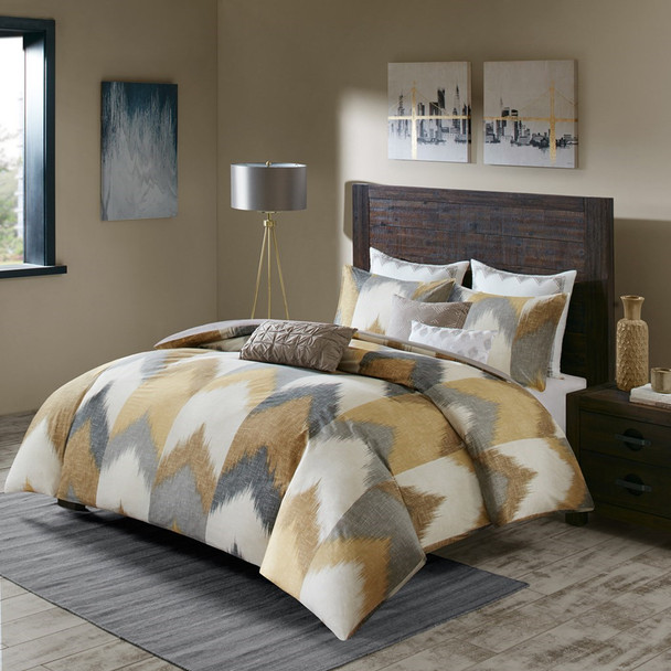 3pc Yellow & Taupe Chevron 200TC Cotton Comforter AND Decorative Shams (Alpine-Yellow)