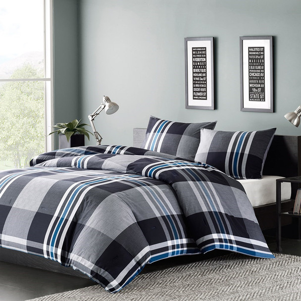 3pc Black White & Blue Plaid Cotton Comforter AND Decorative Shams (Nathan-Grey)