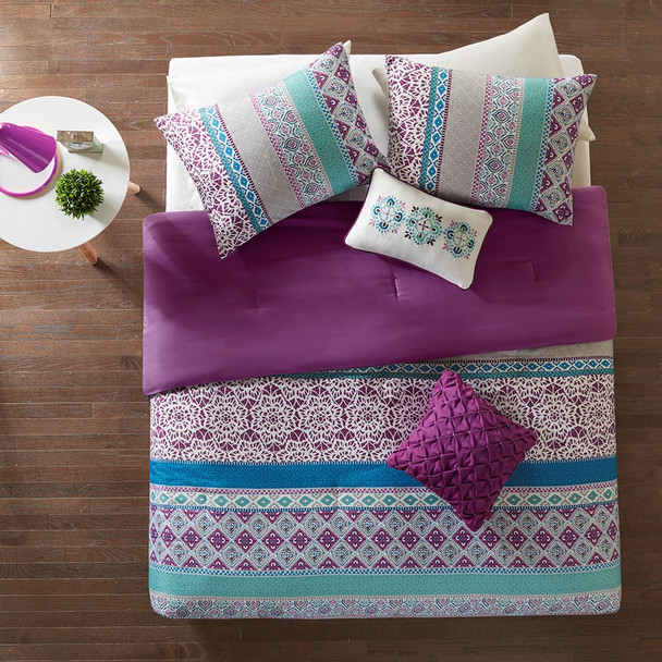 Purple Blue & Grey Geometric Comforter Set AND Decorative Pillows (Joni-Purple)