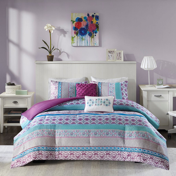 Purple Blue & Grey Geometric Comforter Set AND Decorative Pillows (Joni-Purple)