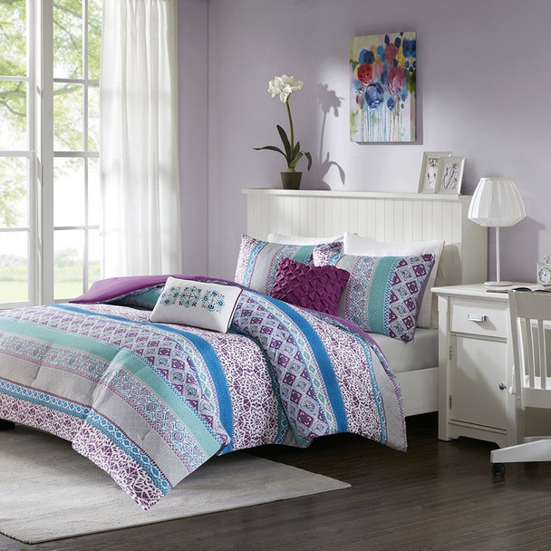 Purple Blue & Grey Geometric Comforter Set AND Decorative Pillows (Joni-Purple)