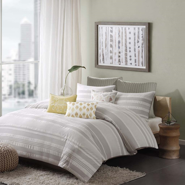 3pc Light Grey Stripes Cotton Comforter AND Decorative Shams (Lakeside-Grey)