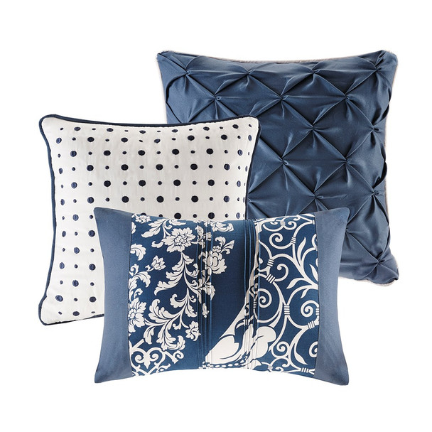 6pc Indigo Blue & White Ogee Cotton Duvet Cover Bedding Set AND Decorative Pillows (Vienna-Indigo-duv)