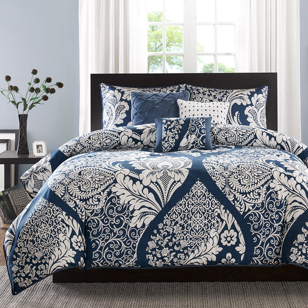 6pc Indigo Blue & White Ogee Cotton Duvet Cover Bedding Set AND Decorative Pillows (Vienna-Indigo-duv)