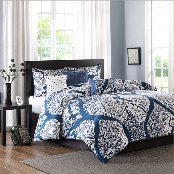 6pc Indigo Blue & White Ogee Cotton Duvet Cover Bedding Set AND Decorative Pillows (Vienna-Indigo-duv)