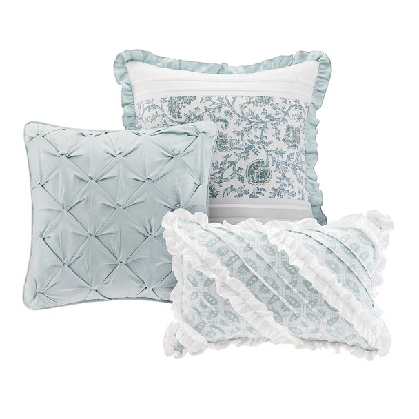 9pc Blue & White Cottage Chic Lace Duvet Cover Bedding Set AND Decorative Pillows (Dawn-Blue-duv)