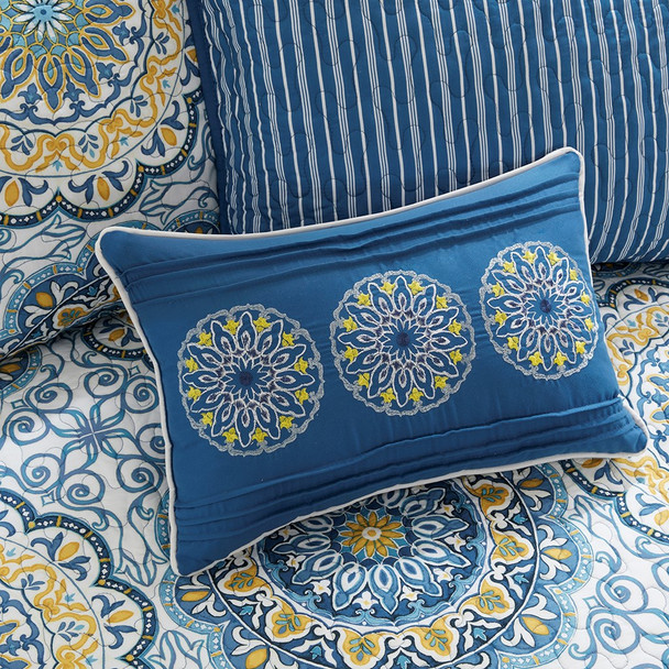 6pc Blue & Yellow Medallion Quilted Daybed Set AND Decorative Pillow (Tangiers-Blue-DB)