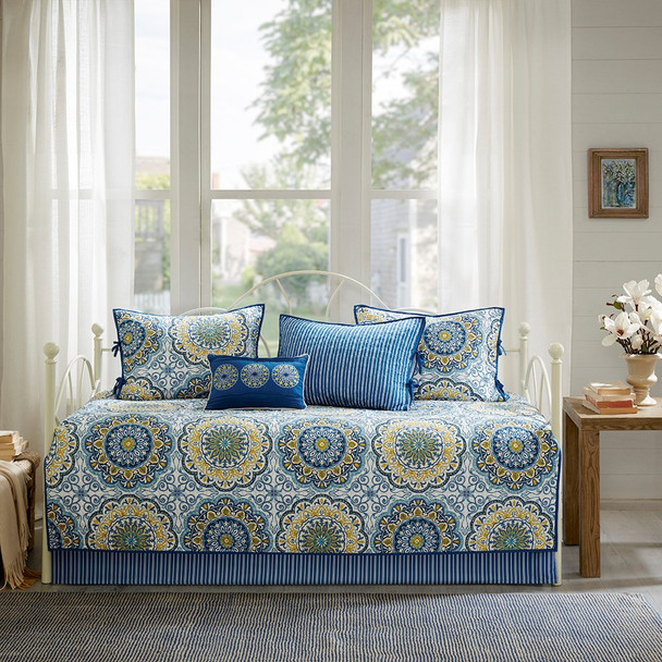 6pc Blue & Yellow Medallion Quilted Daybed Set AND Decorative Pillow (Tangiers-Blue-DB)
