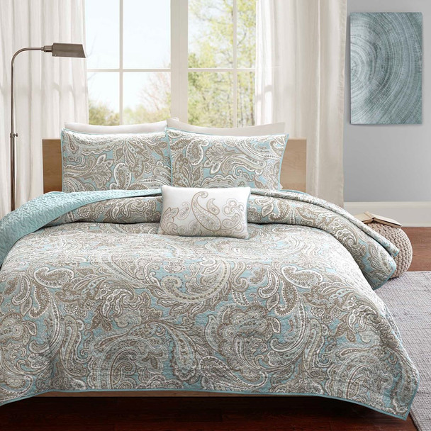 4pc Blue & Brown Paisley Reversible Quilted Coverlet AND Decorative Pillow (Ronan-Blue-Cov)