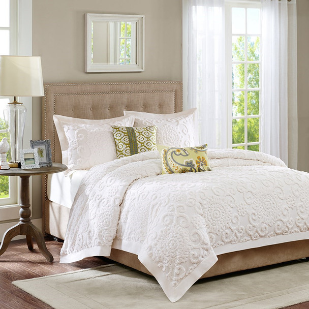 3pc Ivory Medallions & Scroll Pattern Textured Comforter AND Decorative Shams (Suzanna-Ivory)