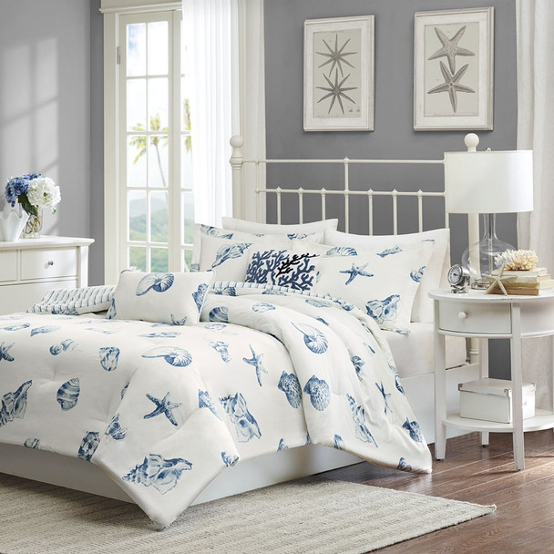 Blue & White Beach Shells Reversible Comforter Set AND Decorative Shams (Beach House-Blue)