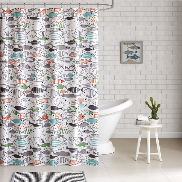 Colorful Hip Fish Print Cotton Fabric Shower Curtain - 72" x 72" (Sardinia-Multi-Shower)