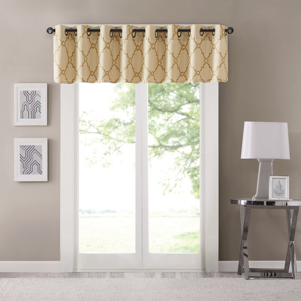 Beige & Gold Fretwork Pattern Window Valance - Grommet Top (Saratoga-Beige/Gold)