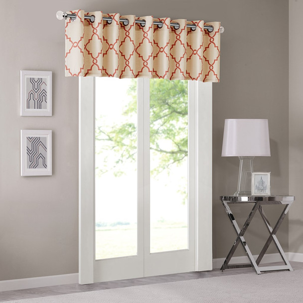 Beige & Red Spice Fretwork Pattern Window Valance - Grommet Top (Saratoga-Beige/Spice)