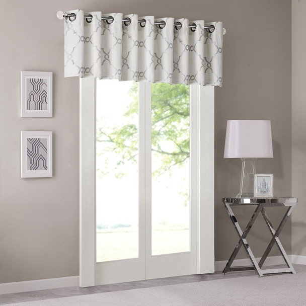 Ivory & Silver Grey Fretwork Pattern Window Valance - Grommet Top (Saratoga-Ivory)