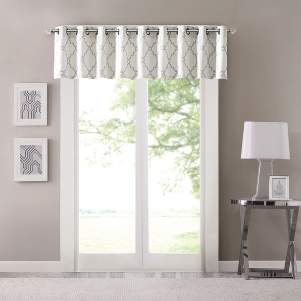 Ivory & Silver Grey Fretwork Pattern Window Valance - Grommet Top (Saratoga-Ivory)