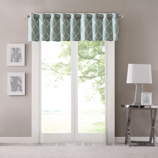 Seafoam & Light Beige Fretwork Pattern Window Valance - Grommet Top (Saratoga-Seafoam)