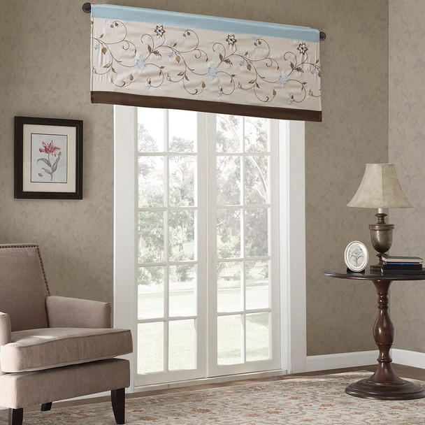 Blue Beige & Brown Embroidered Floral Window Valance - Rod Pocket (Serene-Blue-val)