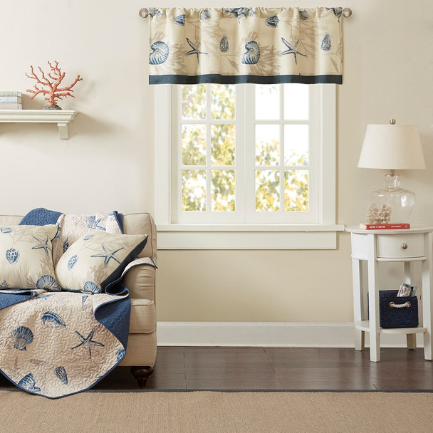 Coastal Seashells Taupe & Blue Cotton Window Valance - Rod Pocket (Bayside-Navy-val)