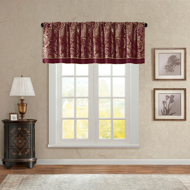 Burgundy & Gold Paisley Jacquard Window Valance - Rod Pocket (Aubrey-Burgundy-val)