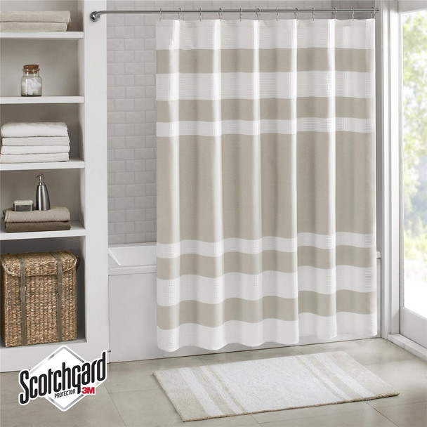 Taupe & White Striped Waffle Weave Fabric Shower Curtain - 72" x 72" (Spa Waffle-Taupe-Shower)